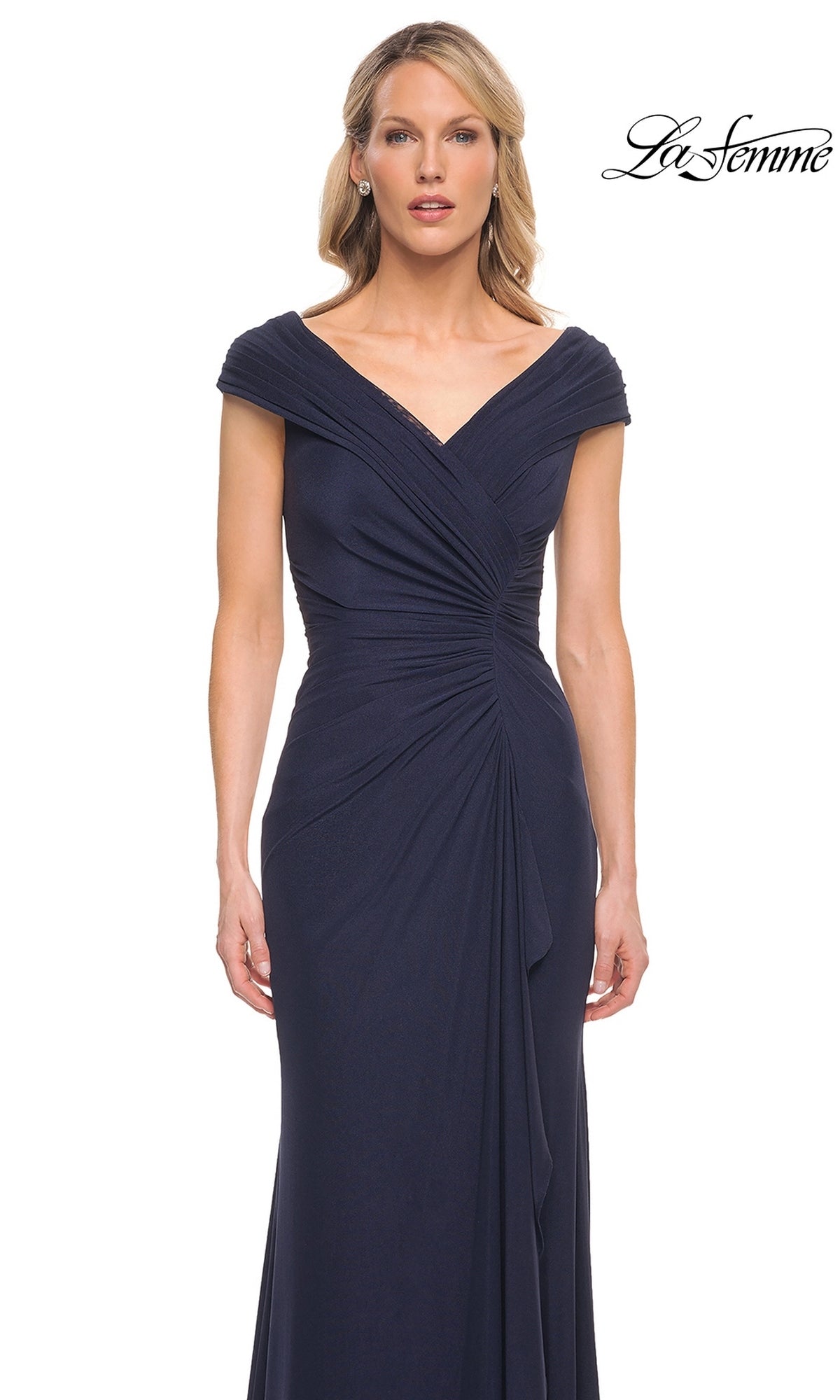 La Femme 29996 floor-length dark navy off-the-shoulder formal dress with draped, gathered fabric detailing at the waist.